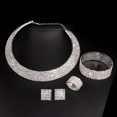 Picture of Luxury Romantic Crystal Wedding Jewelry Sets Silver Color Bridal Necklace Earrings Bracelets Ring Sets For Women - Necklace For Girls - Silver