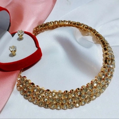 Picture of Gold Stone Choker Necklace set With Earring Wedding Bridalchoker necklace set (3 line Stone) For Women - Necklace For Girls - Necklace For Girls - Gold