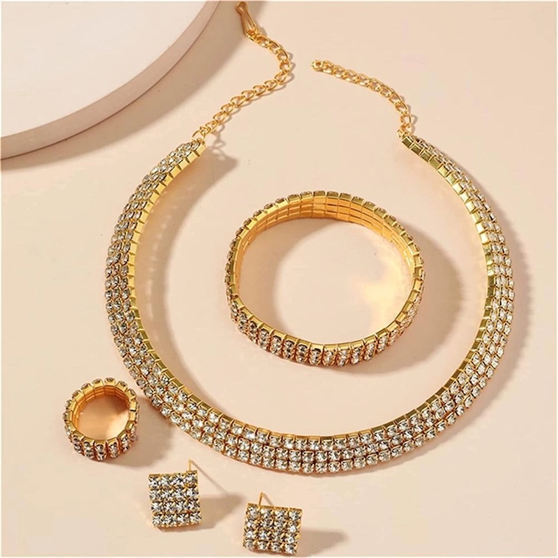 Picture of Luxury Romantic Crystal Wedding Jewelry Sets Gold Color Bridal Necklace Earrings Bracelets Ring Sets For Women - Necklace For Girls - Gold