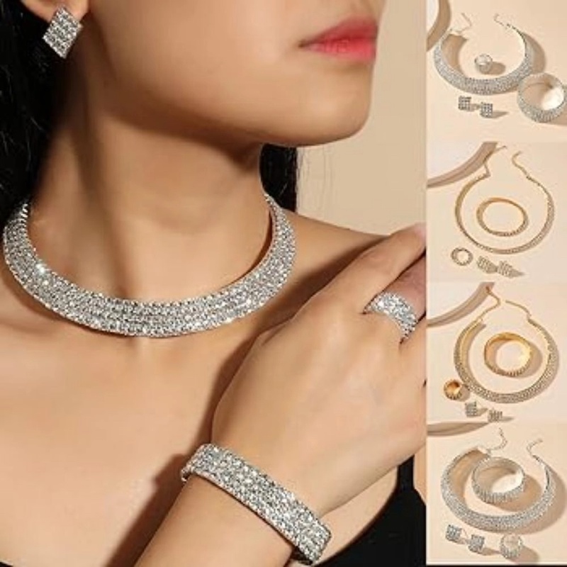Picture of Luxury Romantic Crystal Wedding Jewelry Sets Silver Color Bridal Necklace Earrings Bracelets Ring Sets For Women - Necklace For Girls - Silver