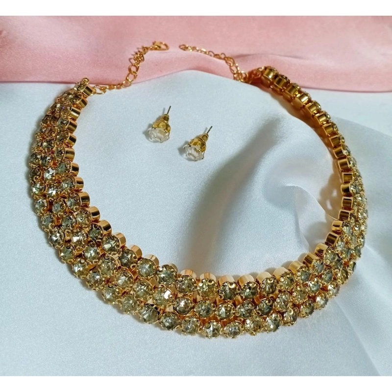 Picture of Gold Stone Choker Necklace set With Earring Wedding Bridalchoker necklace set (3 line Stone) For Women - Necklace For Girls - Necklace For Girls - Gold