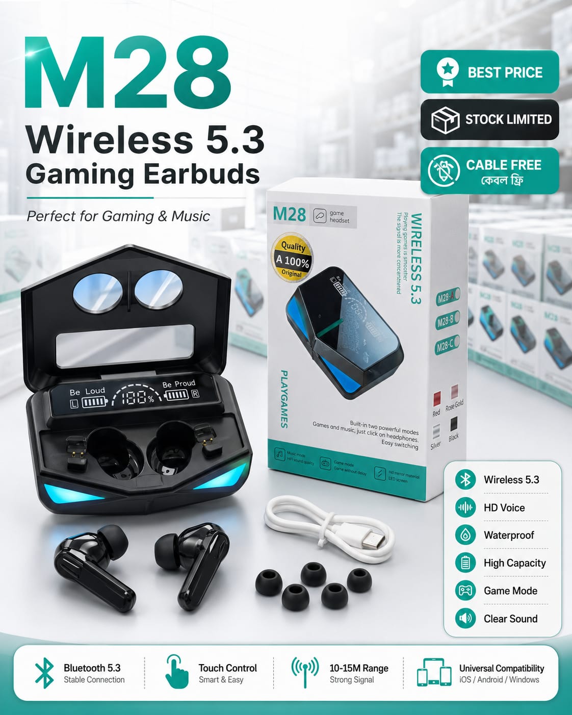 Picture of M28 TWS Bluetooth Earphones Wireless Touch Headphones Stereo Music Gaming Headsets Sports Waterproof Earbuds