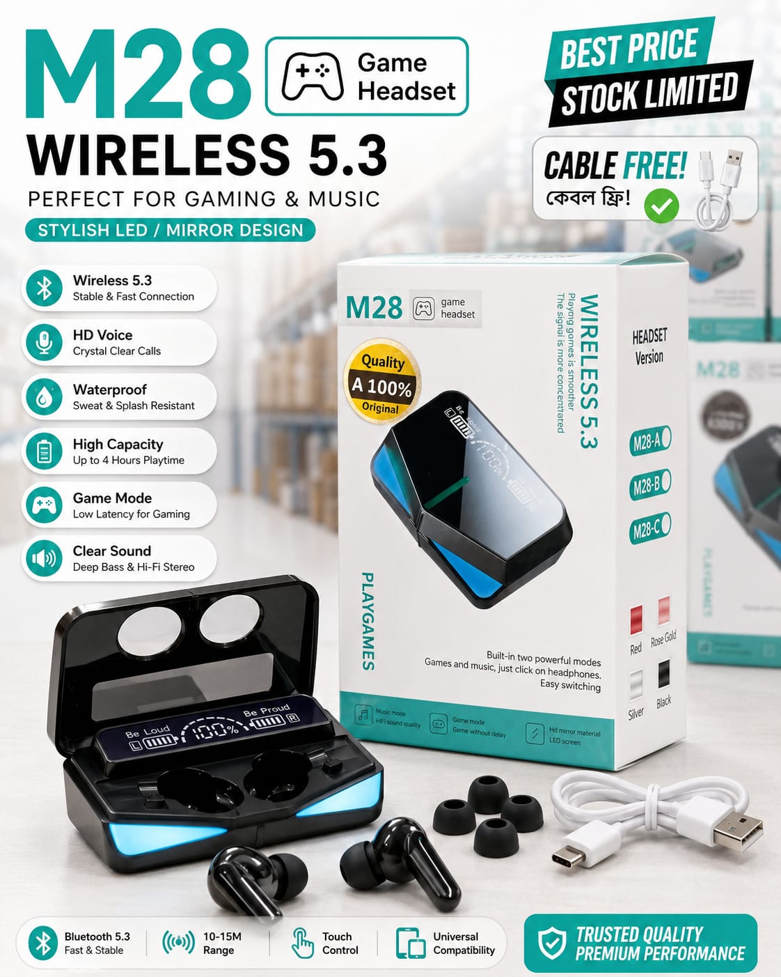 Picture of M28 TWS Bluetooth 5.1 Gaming Headset Dual Mode Wireless Earphones Sports Stereo Sound Low Latency LED Digital Display Smart Touch Earphone