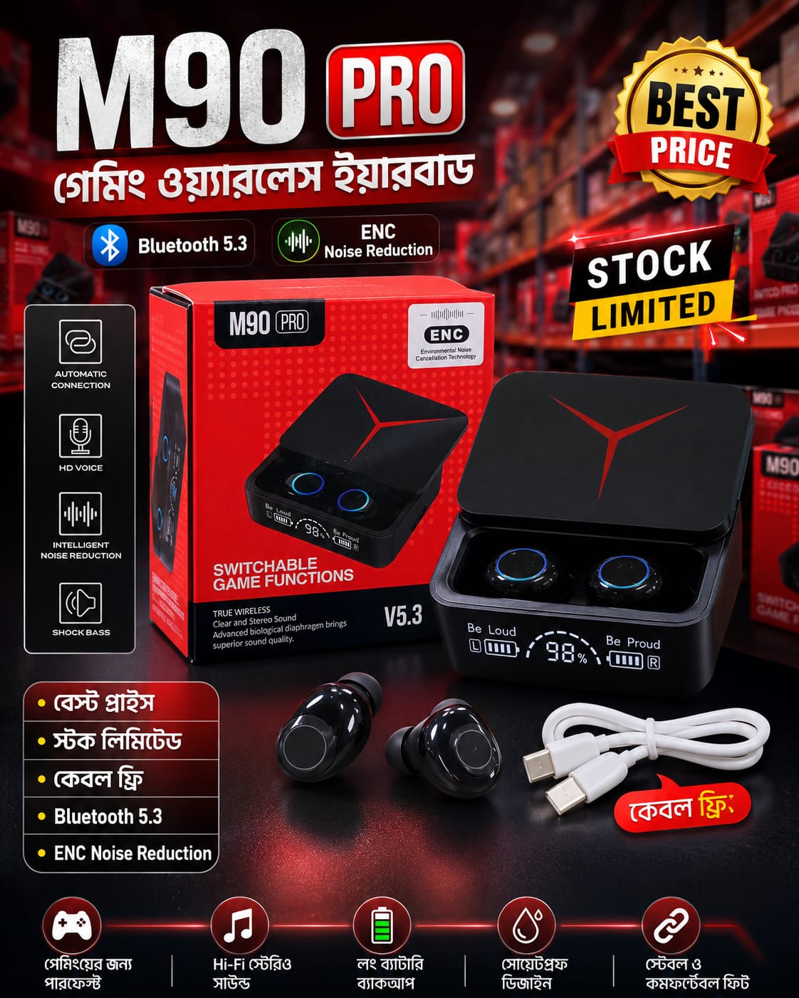 Picture of M90 Pro TWS Digital Display Earbuds with HD Voice Noise Cancelling Bluetooth Feature By Latfu