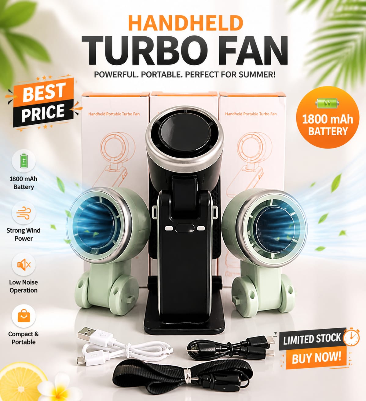 Picture of Premium Mini Turbo Fan 1800mAh USB Rechargeable Handheld Fan – Portable, Strong Airflow, Low Noise