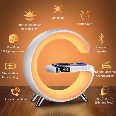 Picture of G63 Speaker Lamp - APP Control 3 in 1 Multi-Function Bluetooth Speaker With Wireless Charging, RGB Light and Alarm Clock - Charger G Lamp with Sunrise Alarm for Bedroom & Bedside table (G Speaker)