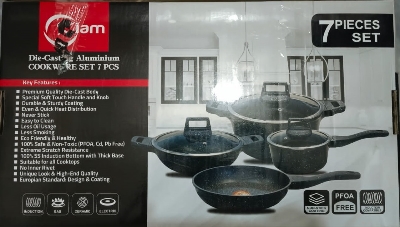Picture of Kiam Non Stick 7 Pcs Cookware Set For Superior Release -1Pc Casserol, 1Pc Fry pan, 1Pc Karai and 1Pc Milk pan with 3 lids (Multicolor-Diecast)