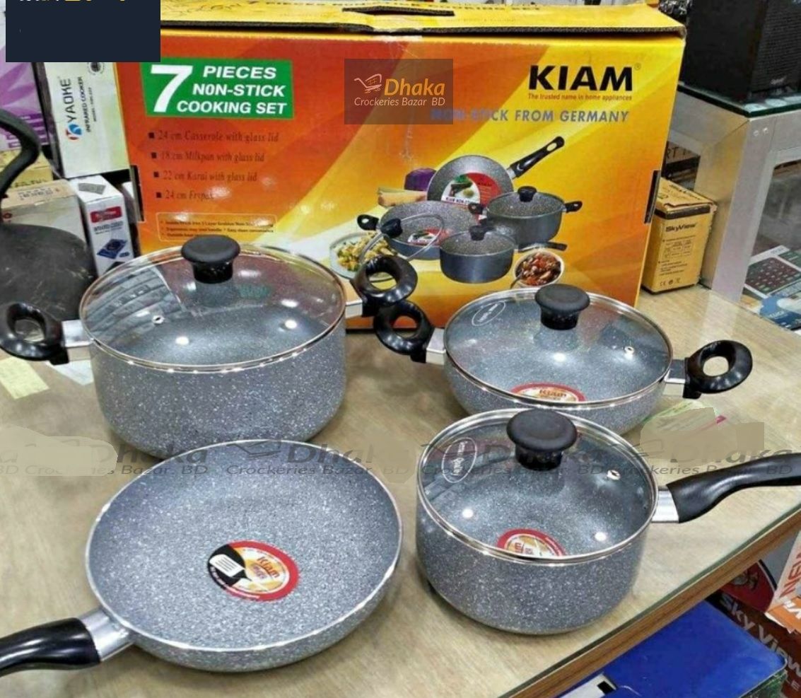 Picture of Kiam Non Stick 7 Pcs Cookware Set For Superior Release -1Pc Casserol, 1Pc Fry pan, 1Pc Karai and 1Pc Milk pan with 3 lids (Multicolor-Nonstick)