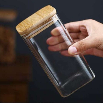 Picture of Square Airtight Glass Jars 1PC Container with Bamboo Lid for Kitchen Food Snack Seasoning Pasta Storage Bottle Seal Glass Container (Multicolor900ML)