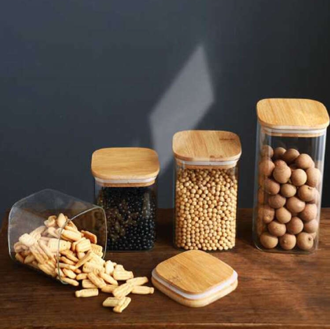 Picture of Square Airtight Glass Jars 1PC Container with Bamboo Lid for Kitchen Food Snack Seasoning Pasta Storage Bottle Seal Glass Container (Multicolor900ML)