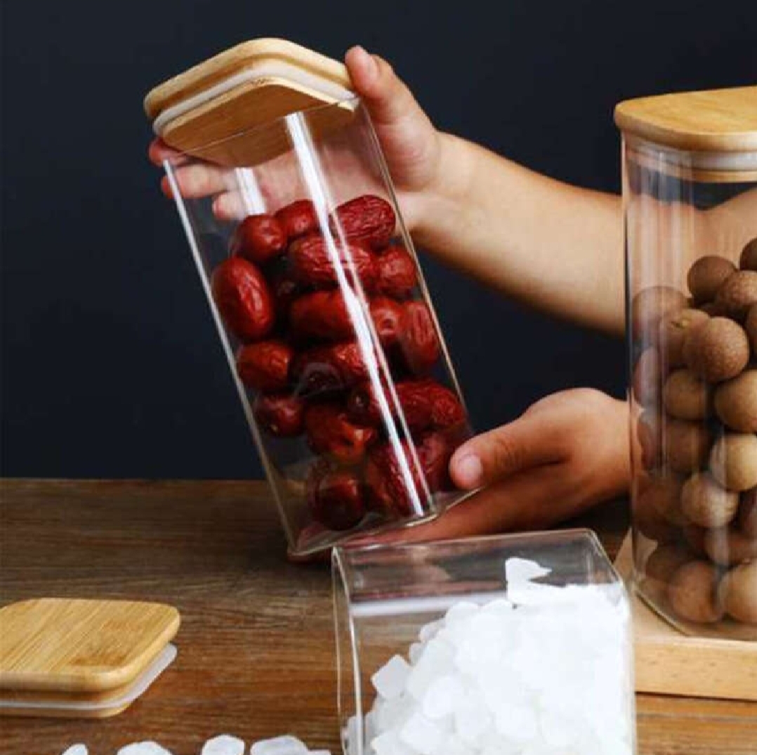 Picture of 1PC Square Airtight Glass Jars Container with Bamboo Lid for Kitchen Food Snack Seasoning Pasta Storage Bottle Seal Glass Container (Multicolor1150ML)