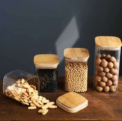 Picture of 1PC Square Airtight Glass Jars Container with Bamboo Lid for Kitchen Food Snack Seasoning Pasta Storage Bottle Seal Glass Container (Multicolor1500ML)