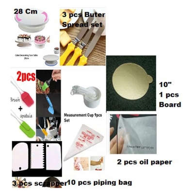 Picture of 8X Super Combo Baking Turn Table, 2pcs oil brush, 3 Nife set, M Cup set 9 Pcs , 10 pcs piping bag, 3 scrapper,10" board 1 pcs, 2 pcs oil Paper -Multicolor