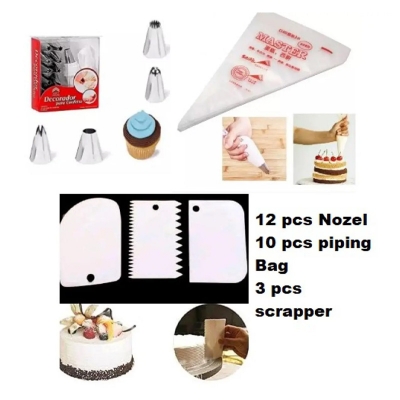 Picture of 3 pieces set of plastic cream scraper + 10 pieces pipping bags and 12 pieces of stainless steel nozzle set of combo pack of 3 items -Multicolor