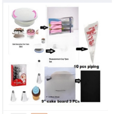 Picture of 7 A Combo Set Cake Decoration Turntable , 12 Pieces Steel Nozzle Set , 3 pieces planner , Measuring Spoon Set , 3 pieces Plastic Cream Scraper ,10 Pieces Pipping Bags & 3 pieces cake Board -Multicolor