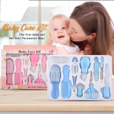 Picture of Baby Care Kit, 10 Pcs Convenient Healthcare Grooming Set Essential Daily Care Tool Nail Clipper Manicure Safety Scissors Nose Cleaner Hair Brush Comb Personal Care Kit for Toddler - Pink&Blue