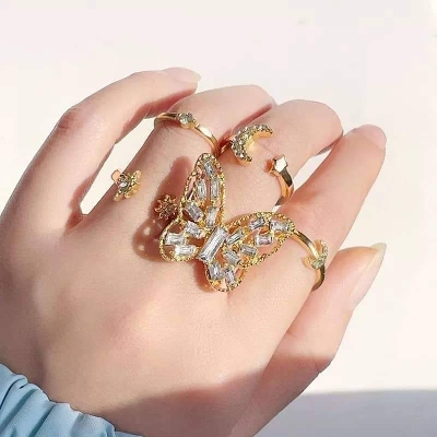 Picture of Korean (5pcs Ring Set) Fashion  Rings for Women Retro Golden Individually Wrapped Butterfly Rings Set Jewelry - Gold - Not Specified