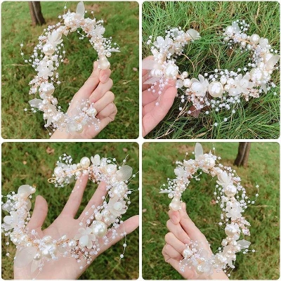 Picture of 1pcs Headband Elegant Girls Bridal Headband Imitated Pearl Hair Headdress Flower Wreath Bride Garland Head Hoop Wedding Headbands Hair Jewelry