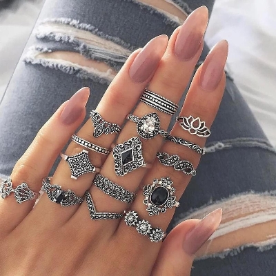 Picture of 13pcs and 15pcs Boho Vintage  Rings For Women Crystal Star Crescent Geometric Female Finger Rings Set Jewelry