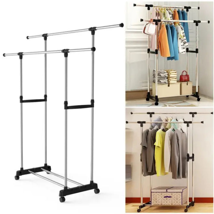 Picture of Indoor Double pole Durable Double Pole  Telescopic Heavy Duty Cloth Rack Heavy Duty Double Pole Rack Organizer Hanger Rack - Black