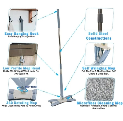 Picture of 360 Degree Rotating Self Wringing Microfiber X Mop with Cleaning and Drying Head for Wet or Dry Floor Cleaning, Ceiling, Window, and Wall - Lake Blue