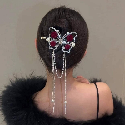 Picture of Rose Pearl Tassel Hair Clip Women Elegance Temperament Hair Claw for Girls Shiny Crystal Barrette Fashion Hair Accessoires
