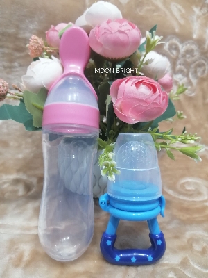Picture of Pack of 2 Baby  Multi Colour Silicon Spoon Feeder
Set with Baby Fruit Pacifier_Nipple_ Chusni_
Feeding Spoon bottle Brush Food Feeder - multi color 2item