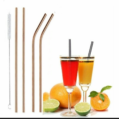 Picture of 4 Pcs reusable Stainless Steel Metal Drinking Straw Reusable Straws + 1 Cleaner Brush Kit - Multicolor