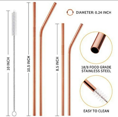 Picture of 4 Pcs reusable Stainless Steel Metal Drinking Straw Reusable Straws + 1 Cleaner Brush Kit - Multicolor