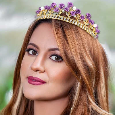 Picture of Purple Rose Tiaras Bridal Wedding Queen Crowns Gold Flower Princess Crown Pearls Crystal Headbands Rose Flower Jewelry for Women and Girls - Purple
