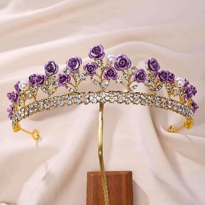 Picture of Purple Rose Tiaras Bridal Wedding Queen Crowns Gold Flower Princess Crown Pearls Crystal Headbands Rose Flower Jewelry for Women and Girls - Purple