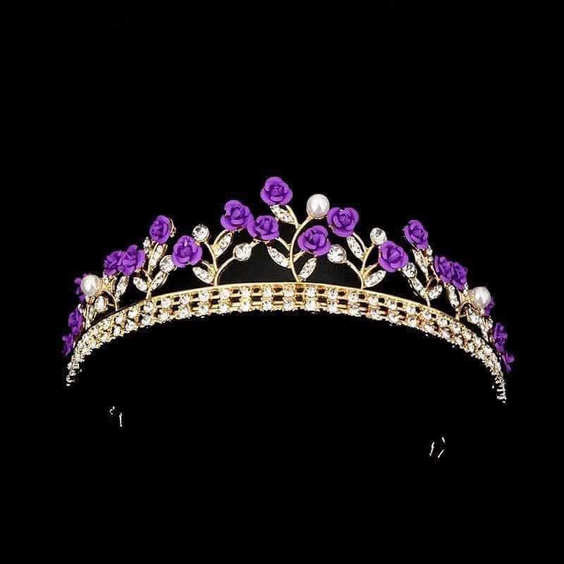 Picture of Purple Rose Tiaras Bridal Wedding Queen Crowns Gold Flower Princess Crown Pearls Crystal Headbands Rose Flower Jewelry for Women and Girls - Purple