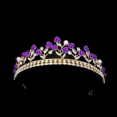Picture of Purple Rose Tiaras Bridal Wedding Queen Crowns Gold Flower Princess Crown Pearls Crystal Headbands Rose Flower Jewelry for Women and Girls - Purple