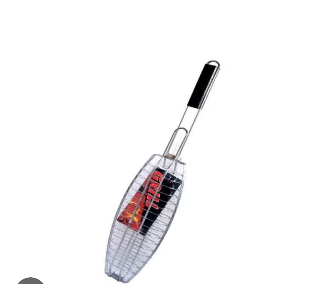 Picture of BBQ Fish Grill Net Basket Silver Table Grill (BIG SIZE stainless steel handle type Fish Basket Holder - Silver