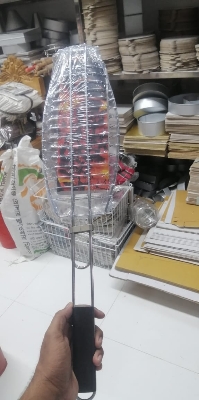 Picture of BBQ Fish Grill Net Basket Silver Table Grill (BIG SIZE stainless steel handle type Fish Basket Holder - Silver