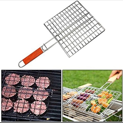 Picture of BBQ Grill Net With Handle Steel Outdoor Camping Grill BBQ Mesh Net Tongs Clip Barbecue - Silver