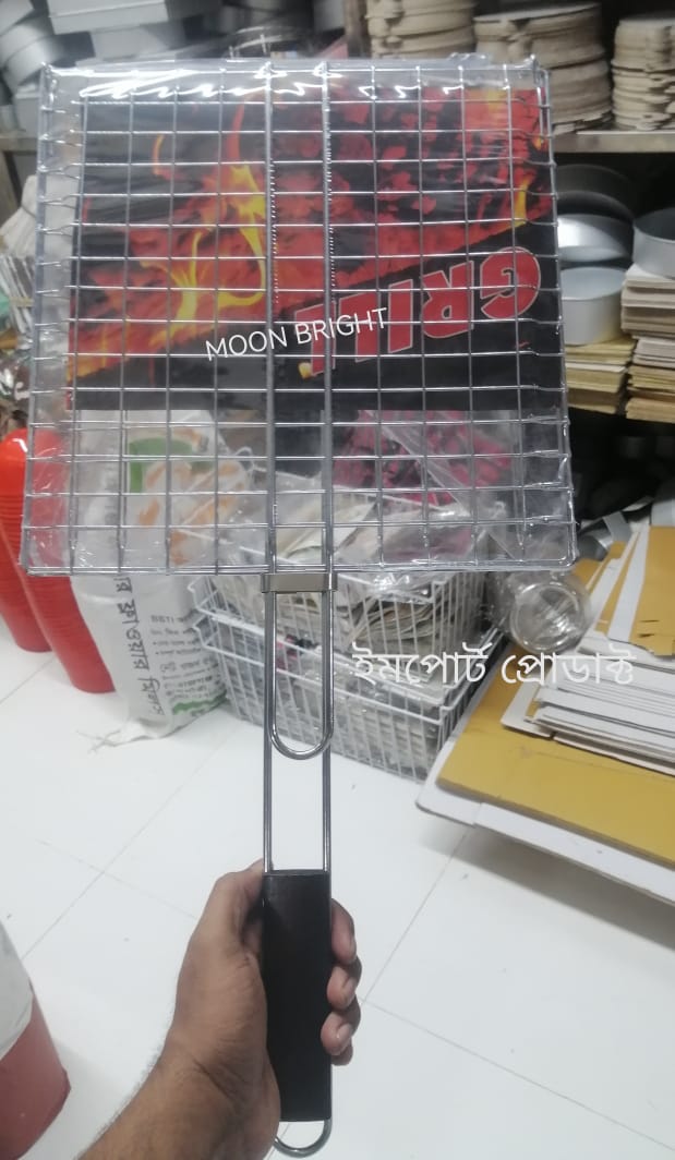 Picture of BBQ Grill Net With Handle Steel Outdoor Camping Grill BBQ Mesh Net Tongs Clip Barbecue - Silver