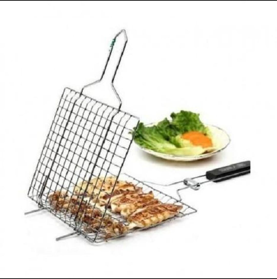 Picture of BBQ Grill Net With Handle Steel Outdoor Camping Grill BBQ Mesh Net Tongs Clip Barbecue - Silver