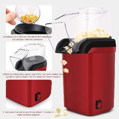 Picture of Automatic Electric Popcorn Maker with Hot Air Top Cover Plastic Household and Car Popcorn Machine - Red