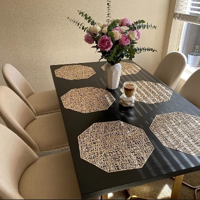 Picture of 6 pcs PVC Geometric Gold Silver Hollow Placemat / Cup Mat Home Decoration Kitchen Tool For Dining Table Bowl Plate - Multicolor