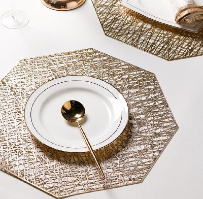 Picture of 6 pcs PVC Geometric Gold Silver Hollow Placemat / Cup Mat Home Decoration Kitchen Tool For Dining Table Bowl Plate - Multicolor