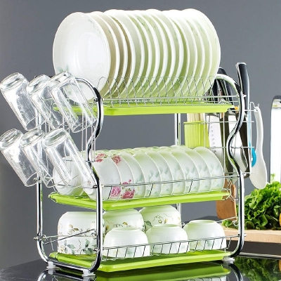 Picture of Dish Rack , 3 lier Dish Rack Stainless Steel Dish Drainer Utensil Holder, Cutting Board Holder with Removable Drain Board for Kitchen Countert - Multicolor