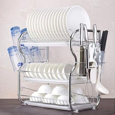 Picture of Dish Rack , 3 lier Dish Rack Stainless Steel Dish Drainer Utensil Holder, Cutting Board Holder with Removable Drain Board for Kitchen Countert - Multicolor