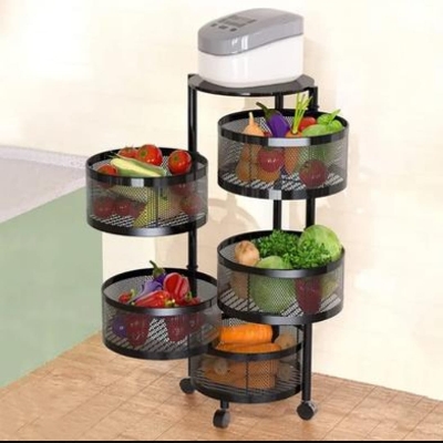 Picture of 5 Layer Rotating Kitchen Rack 360 Degree Floor Organizer with Wheels for Vegetables and Fruits - Black