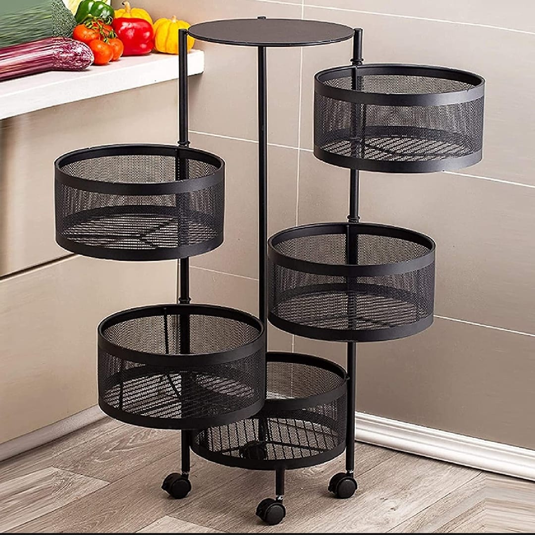Picture of 5 Layer Rotating Kitchen Rack 360 Degree Floor Organizer with Wheels for Vegetables and Fruits - Black