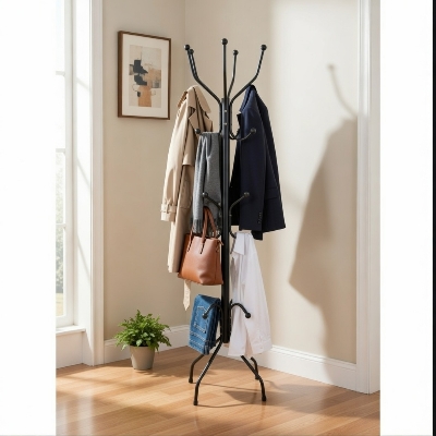 Picture of Premium Metal Coat & Hat Stand Rack with Multi Hooks (Black) - Black