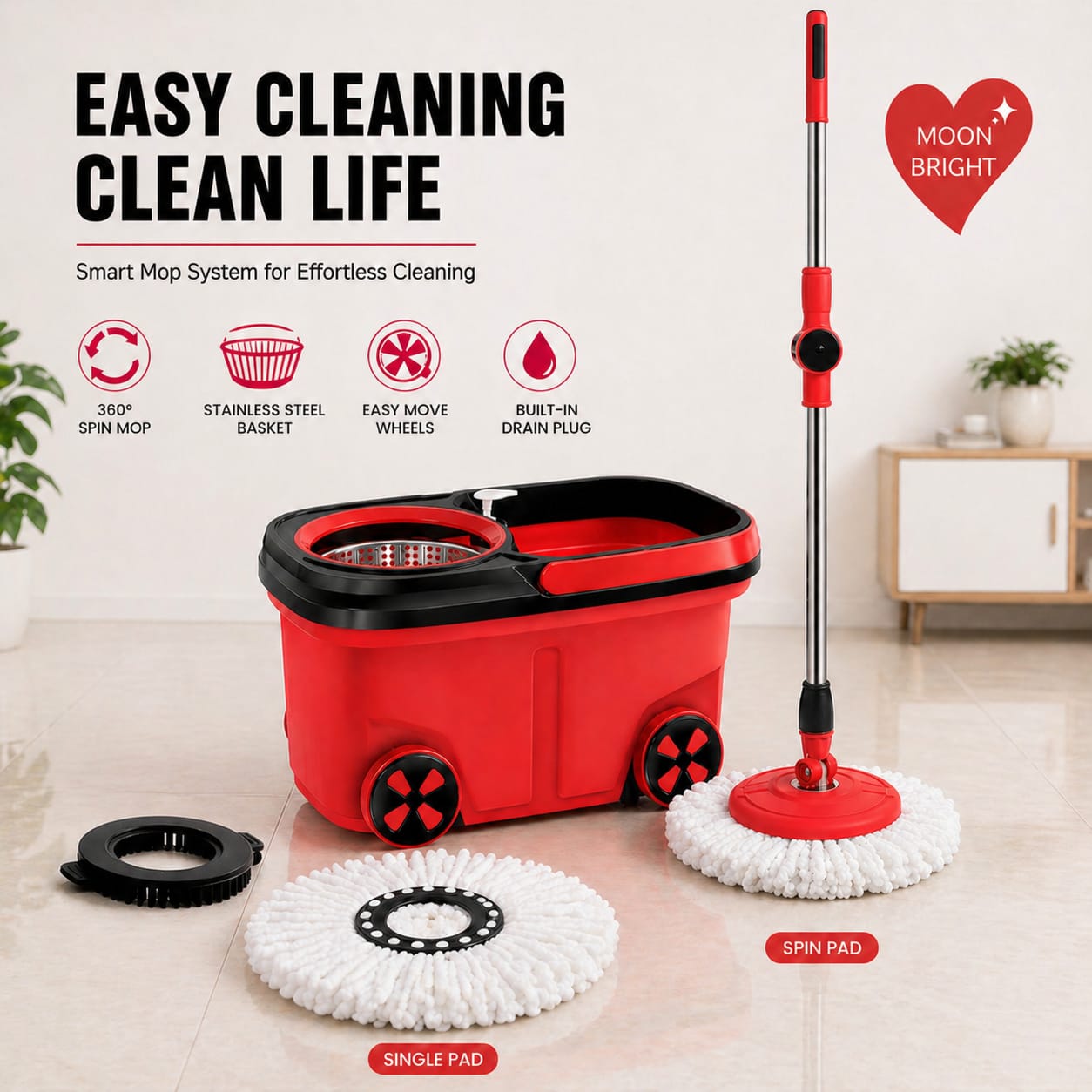 Picture of 360° Smart Spin  BMW  Mop Bucket Set with Extra Pad & Hard-stain cleaning brush - Red