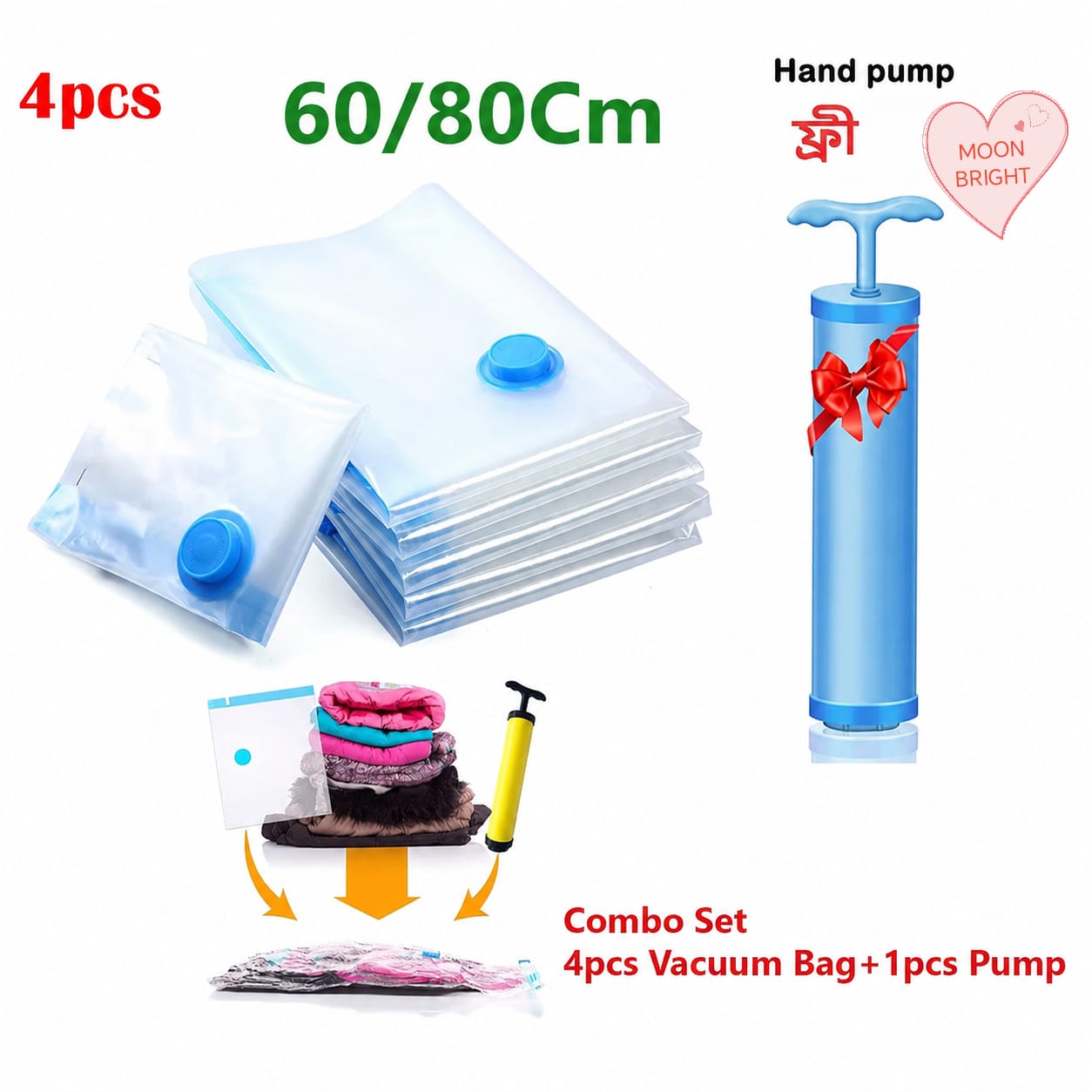 Picture of Vacuum Storage Bags  Travel Bags( 4 Combo Pack  )with (1 Hand Pump) - Space Saver Solution for Home Organization Size 60x80cm