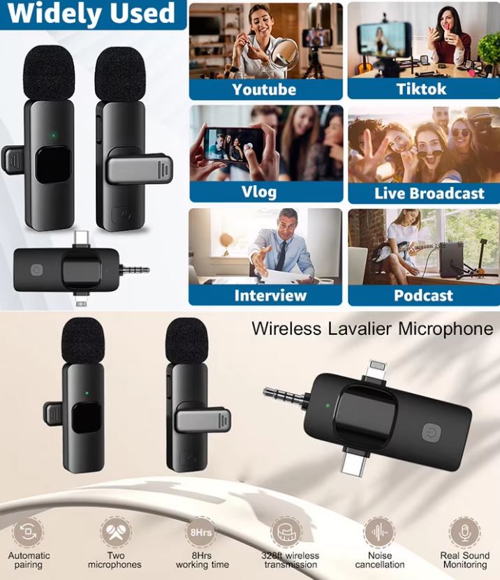 Picture of K15 Wireless Microphone 3-in-1 Type C, iPhone, 3.5mm Video Broadcast Noise Reduction Universal Mini Lapel Microphones, Multi Device Lavalier Collar Microphone