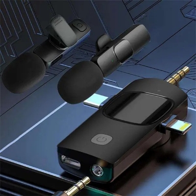 Picture of K15 Wireless Microphone 3-in-1 Type C, iPhone, 3.5mm Video Broadcast Noise Reduction Universal Mini Lapel Microphones, Multi Device Lavalier Collar Microphone